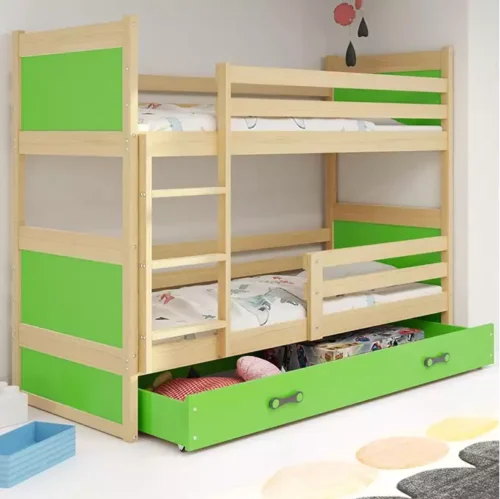 RICO jaunimo dviaukštė lova 90×190 su čiužiniu ir stalčiumi, pušis/žalia
