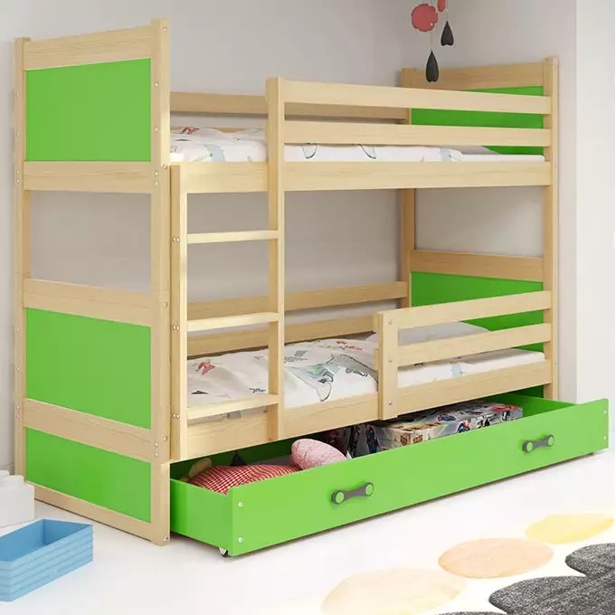 RICO jaunimo dviaukštė lova 90x190 su čiužiniu ir stalčiumi, pušis/žalia