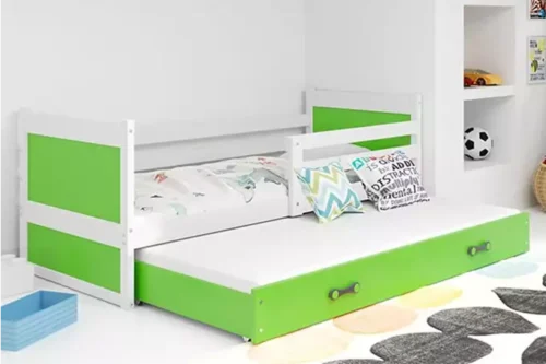 RICO jaunimo išskleidžiama lova 90×190 su čiužiniu ir stalčiumi, balta/žalia