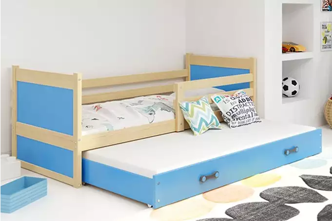 RICO jaunimo išskleidžiama lova 90x190 su čiužiniu ir stalčiumi, pušis/mėlyna