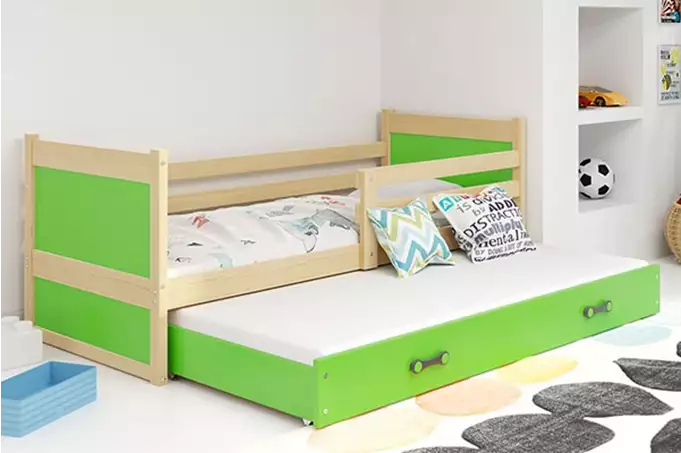 RICO jaunimo išskleidžiama lova 80x190 su čiužiniu ir stalčiumi, pušis/žalia