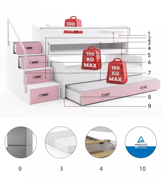MAX 1 80X200 trijų asmenų jaunimo lova su stalu, rožinė - Paveikslėlis 6