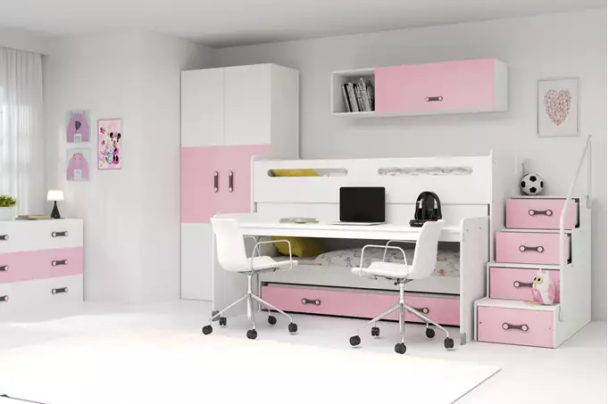 MAX 1 80X200 trijų asmenų jaunimo lova su stalu, rožinė - Paveikslėlis 4