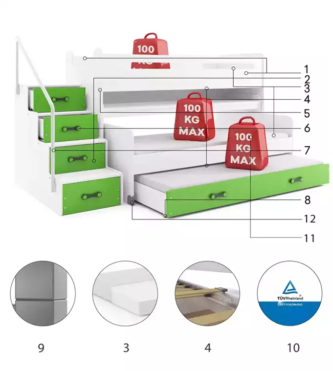 MAX 1 80X200 trijų asmenų jaunimo lova su stalu, žalia - Paveikslėlis 6