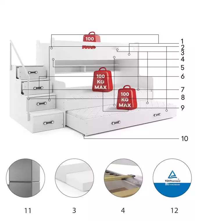 MAX 3 120X200 trijų asmenų jaunimo lova su čiužiniu ir stalčiumi, balta — изображение 6