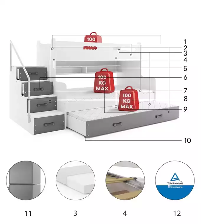 MAX 3 120X200 trijų asmenų jaunimo lova su stalčiumi, grafito spalvos — изображение 6