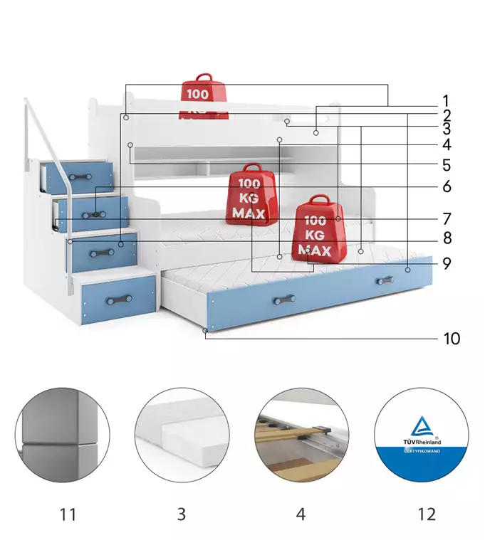 MAX 3 120X200 trijų asmenų jaunimo lova su stalčiumi, mėlyna — изображение 6