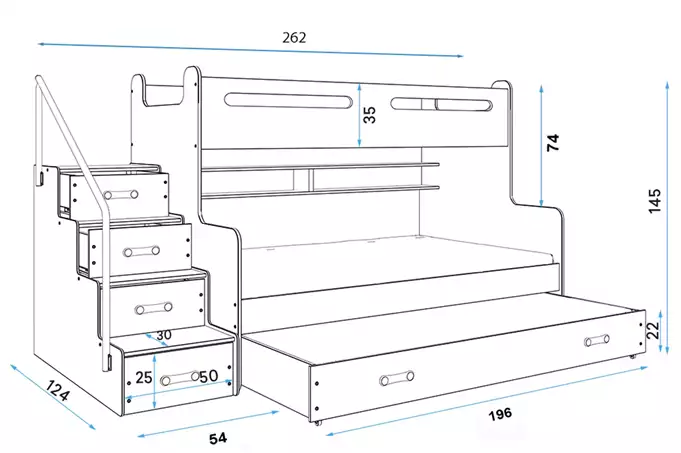 MAX 3 120X200 trijų asmenų jaunimo lova su stalčiumi, mėlyna — изображение 5