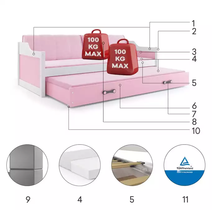 DAWID 90X200 jaunimo išskleidžiama lova su čiužiniu ir stalčiumi, balta/rožinė - Paveikslėlis 6