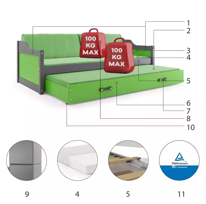 DAWID 90X200 jaunimo išskleidžiama lova su čiužiniu ir stalčiumi, grafito/žalia - Paveikslėlis 6