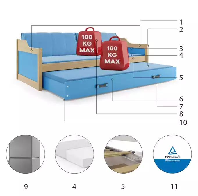 DAWID 90X200 jaunimo išskleidžiama lova su čiužiniu ir stalčiumi, pušis/mėlyna - Paveikslėlis 6