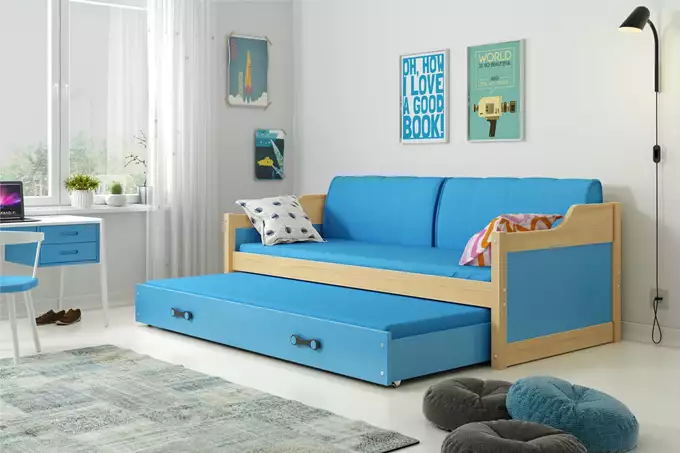 DAWID 90X200 jaunimo išskleidžiama lova su čiužiniu ir stalčiumi, pušis/mėlyna - Paveikslėlis 4