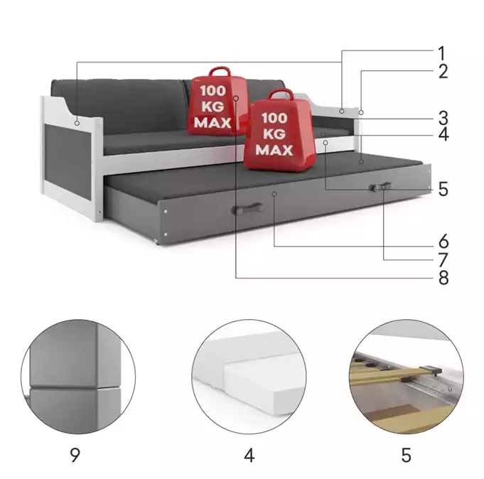 DAWID 90X200 jaunimo išskleidžiama lova su čiužiniu ir stalčiumi, pušis/rožinė - Paveikslėlis 2