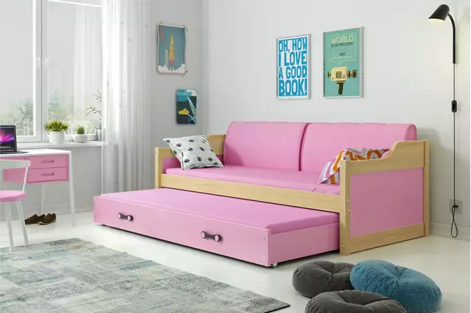 DAWID 90X200 jaunimo išskleidžiama lova su čiužiniu ir stalčiumi, pušis/rožinė - Paveikslėlis 4