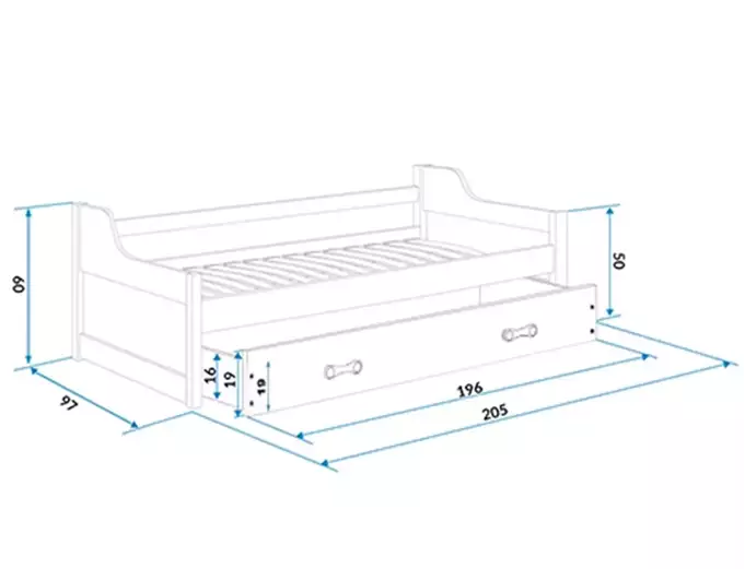 DAWID 90X200 jaunimo išskleidžiama lova su čiužiniu ir stalčiumi, pušis/rožinė - Paveikslėlis 3