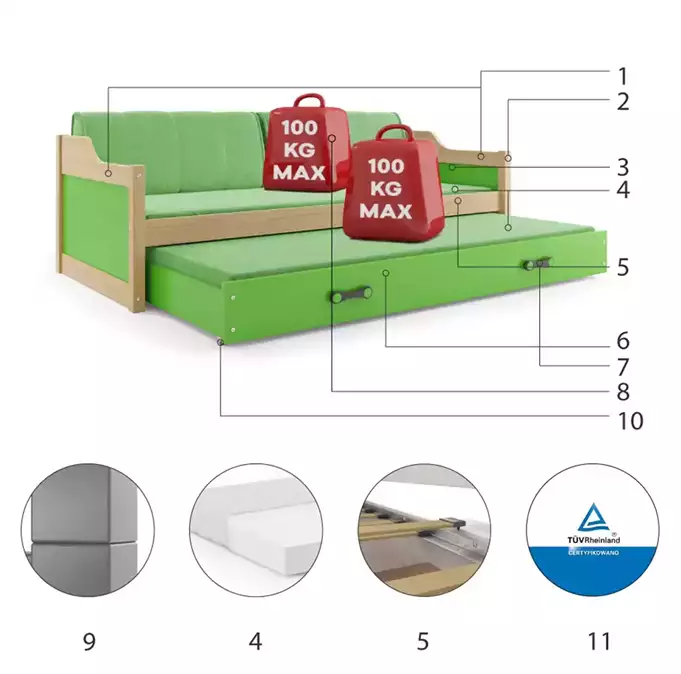 DAWID 90X200 jaunimo išskleidžiama lova su čiužiniu ir stalčiumi, pušis/žalia - Paveikslėlis 6
