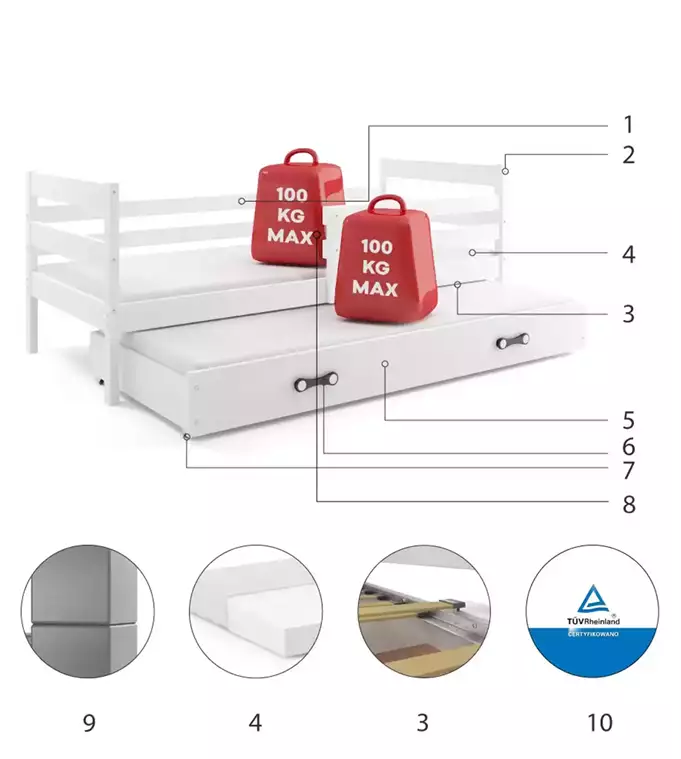 ERYK 80X190 jaunimo išskleidžiama lova su stalčiumi, balta - Paveikslėlis 6