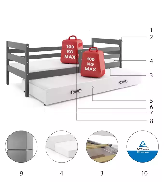 ERYK 80X190 jaunimo išskleidžiama lova su stalčiumi, grafito/balta - Paveikslėlis 6