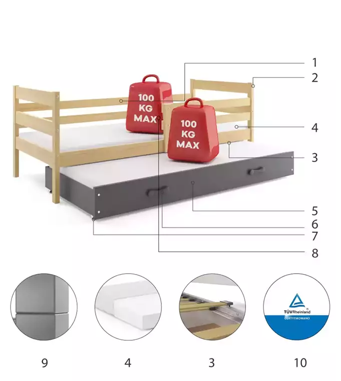 ERYK 80X190 jaunimo išskleidžiama lova su stalčiumi, pušis/grafitas — изображение 6