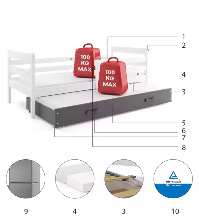 ERYK 90x200 jaunimo išskleidžiama lova su stalčiumi, balta/grafito spalvos - Paveikslėlis 6