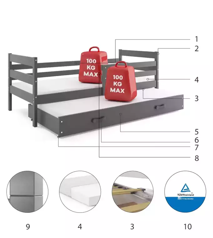 ERYK 90X200 jaunimo išskleidžiama lova su stalčiumi, grafito spalvos — изображение 6