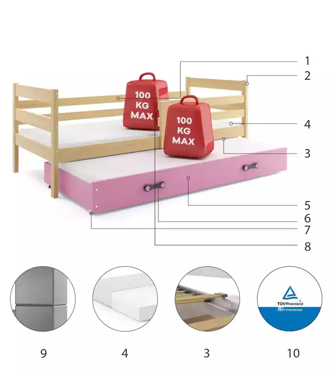 ERYK 90x200 jaunimo išskleidžiama lova su stalčiumi, pušis/rožinė - Paveikslėlis 6