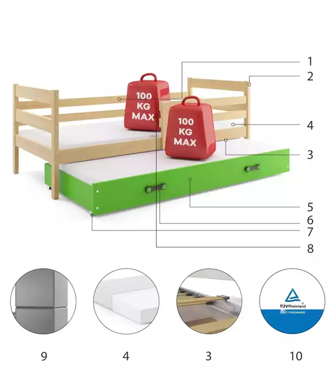 ERYK 90x200 jaunimo išskleidžiama lova su stalčiumi, pušis/žalia - Paveikslėlis 6