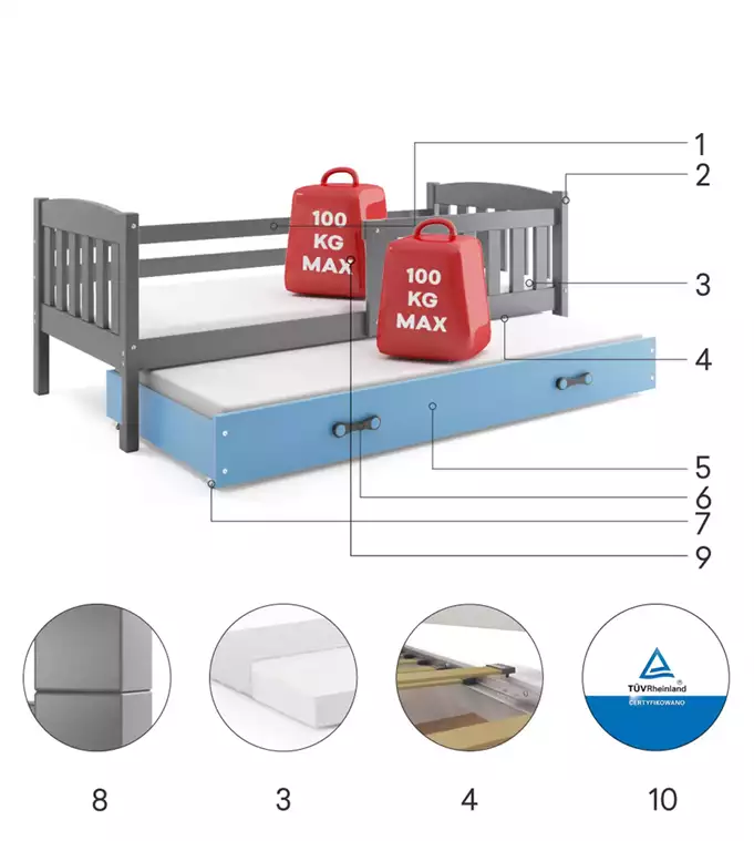 KUBUŚ jaunimo išskleidžiama lova 90x190 su čiužiniu ir stalčiumi, grafito/mėlyna — изображение 6