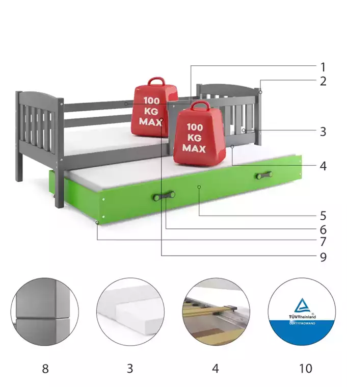 KUBUŚ jaunimo išskleidžiama lova 90x190 su čiužiniu ir stalčiumi, grafito/žalia — изображение 6