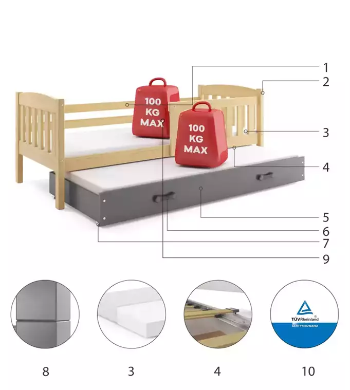 KUBUŚ jaunimo išskleidžiama lova 90x190 su čiužiniu ir stalčiumi, pušis/grafitas — изображение 6