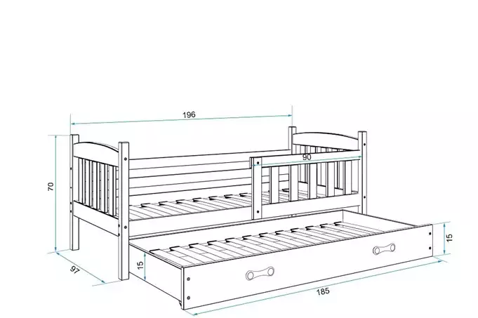 KUBUŚ jaunimo išskleidžiama lova 90x190 su stalčiumi, pušis/mėlyna - Paveikslėlis 5