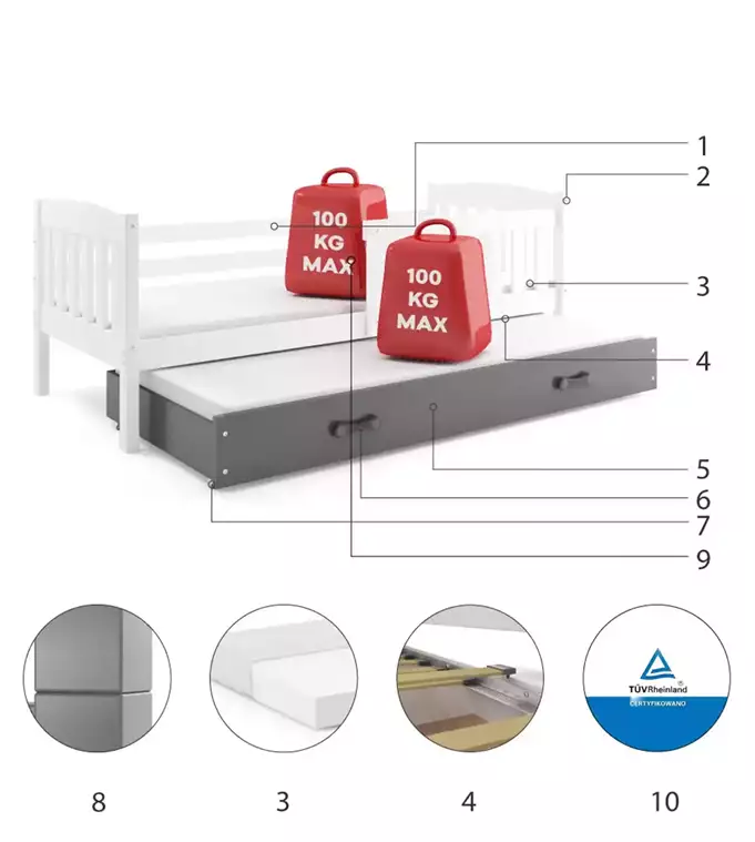 KUBUŚ jaunimo išskleidžiama lova 90x200 su stalčiumi, balta/grafito spalvos - Paveikslėlis 6