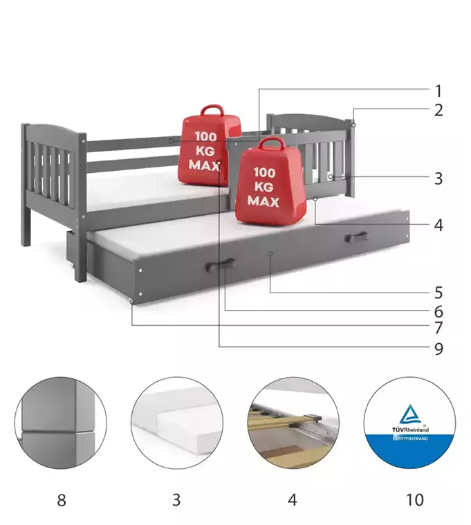 KUBUŚ jaunimo išskleidžiama lova 90x200 su stalčiumi, grafito spalvos - Paveikslėlis 6