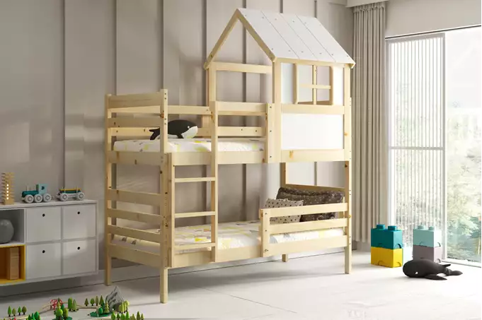 Dviaukštė lova su stogeliu – „Eryk“ iš natūralios medienos, 90x190