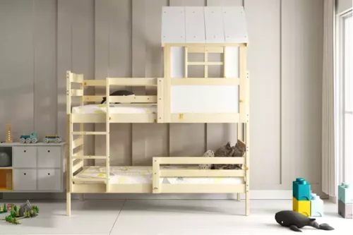 Dviaukštė lova su stogeliu – „Eryk“ pagaminta iš natūralios medienos 90×190 su čiužiniu