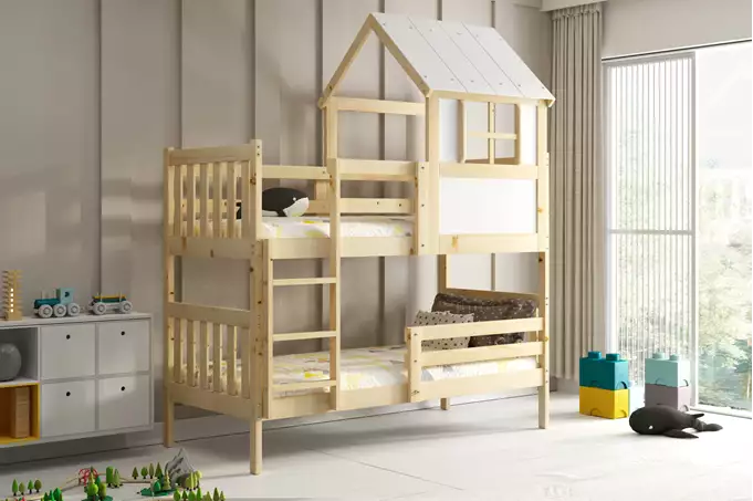 Dviaukštė lova „Cottage“ su stogeliu – „Kacper“ pagaminta iš natūralios medienos 90x190 su čiužiniu