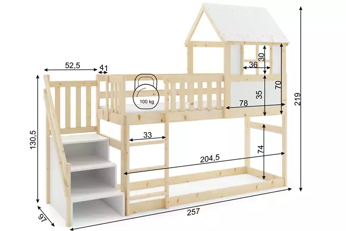 Dviaukštė lova „Cottage“ su laiptais ir stogu – antresolė iš natūralios medienos 90x200