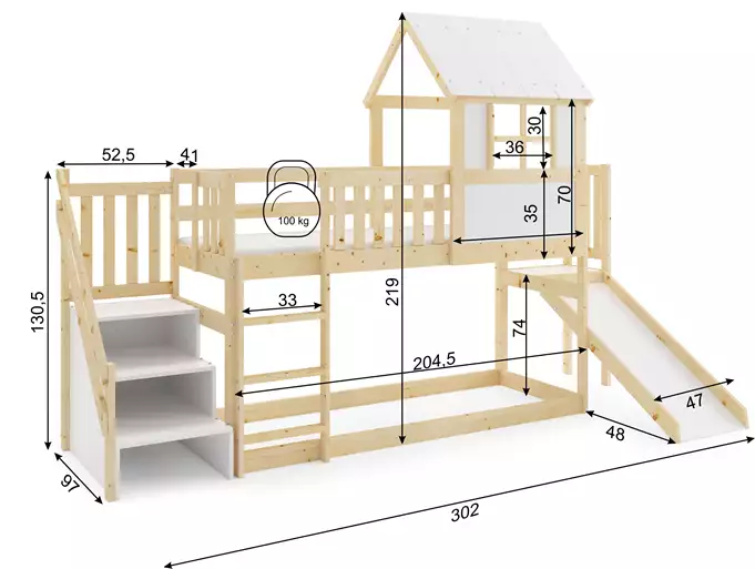 Dviaukštė lova su čiuožykla, stogeliu ir laiptais - antresolė iš natūralaus medžio 90x200