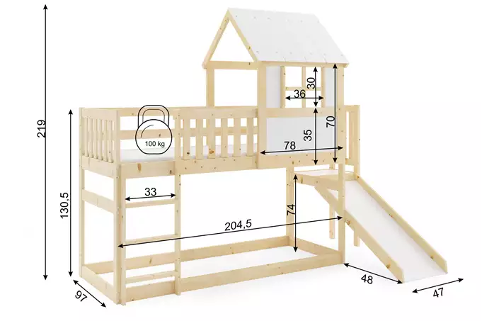 Dviaukštė lova su ištraukiama lova - antresolė, natūralaus medžio namelis 90x200 su čiužiniu