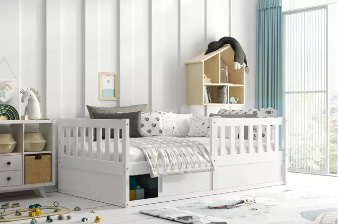 SMART viengulė vaikiška lova 80x160 su čiužiniu ir daiktadėže, balta