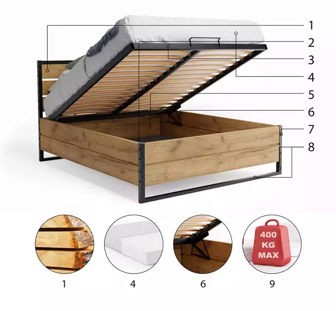 LOFT miegamojo lova 140x200 su daiktadėže, pagaminta iš ąžuolo medienos