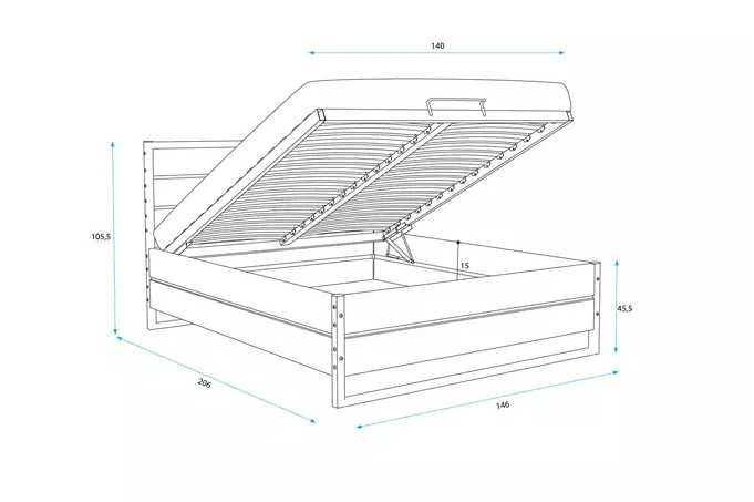 LOFT miegamojo lova 140x200 su daiktadėže, pagaminta iš ąžuolo medienos — изображение 3