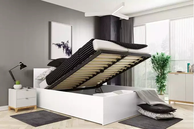 PANAMAX 140X200 miegamojo lova su čiužiniu ir daiktadėže, balta