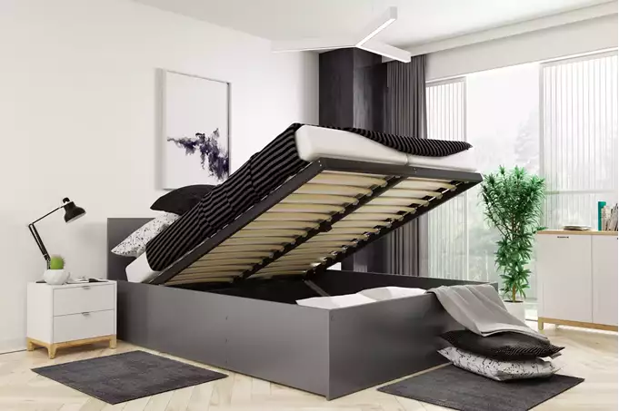 PANAMAX 160X200 miegamojo lova su čiužiniu ir daiktadėže, grafito spalvos