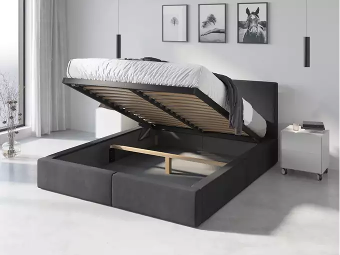 HILTON 120X200 minkšta miegamojo lova su čiužiniu ir daiktadėže, grafito spalvos - Paveikslėlis 3