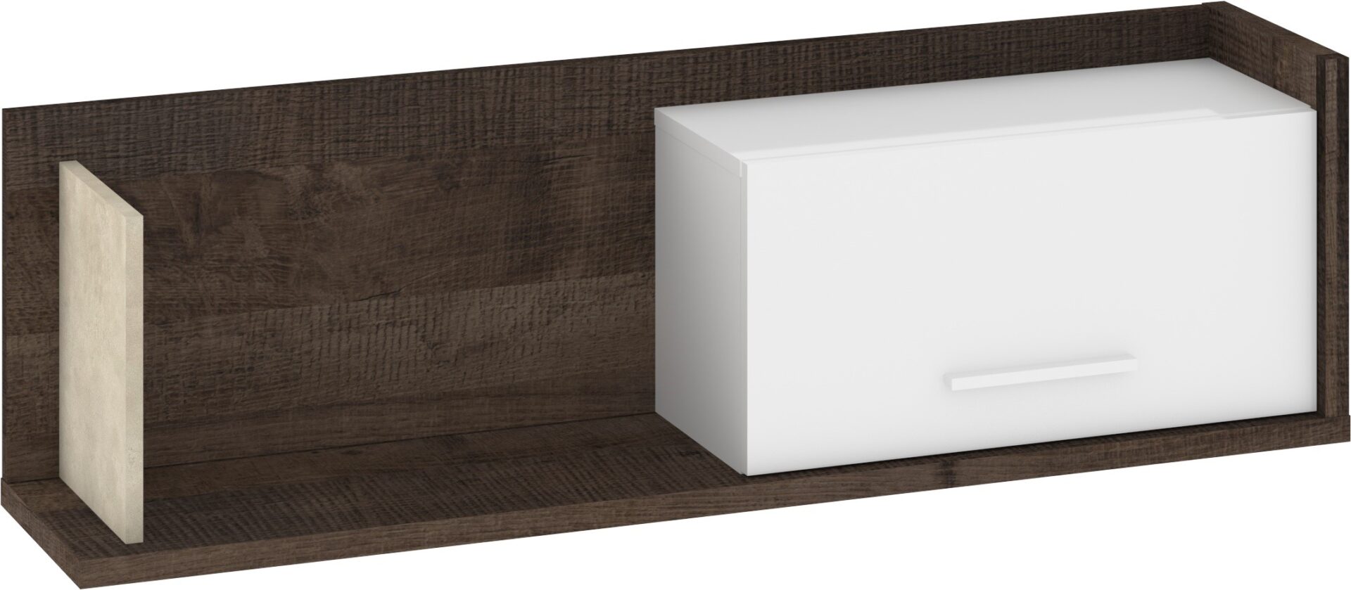 DOX 11 baldai, prie sienos tvirtinama knygų lentyna, ąžuolo spalvos grana, baltos grana spalvos