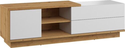 BRITA 21 baldų komoda, stalas, TV spintelė su stalčiais, meniškas ąžuolas, baltas, poliruotas