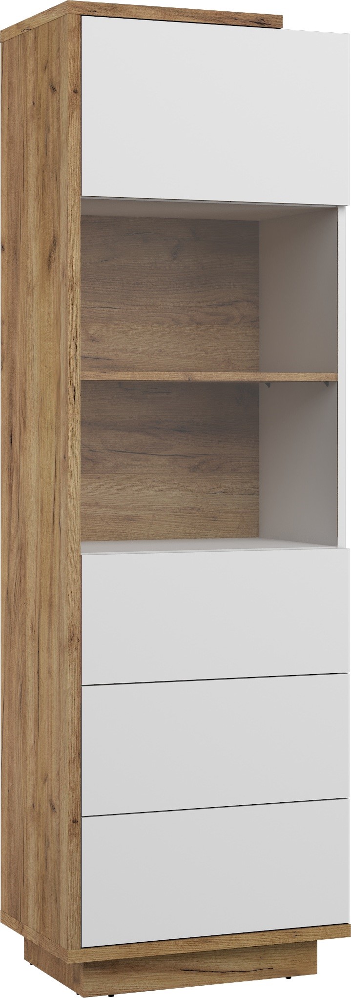 BRITA 27 aukšta vitrina svetainei, dirbtinio ąžuolo spalvos, auksinė, balta blizgi spalva