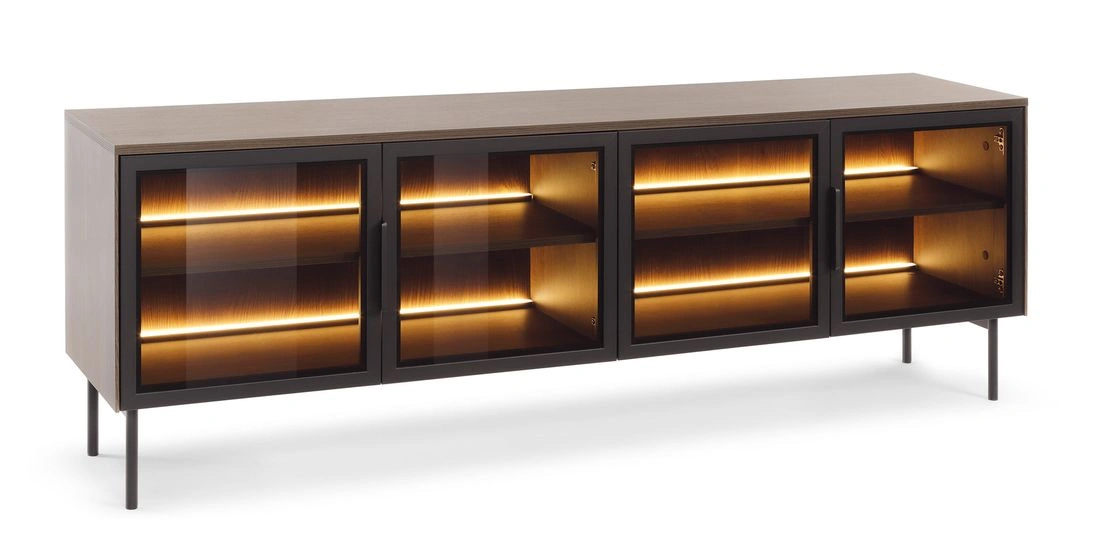 „Lumi 4D“ televizoriaus spintelė su grūdintu dekoratyviniu stiklu, fleitos, „Dunin Oak“