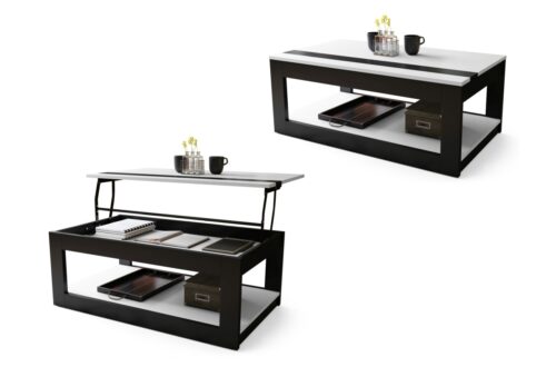 LUSSO matinė balta/matinė juoda – MODERNUS KAVOS STALIUKAS SU PAKELIAMU STALVIRŠIU + SANDĖLIAVIMO skyriumi + LENTYNA (ANT RATUKŲ!)